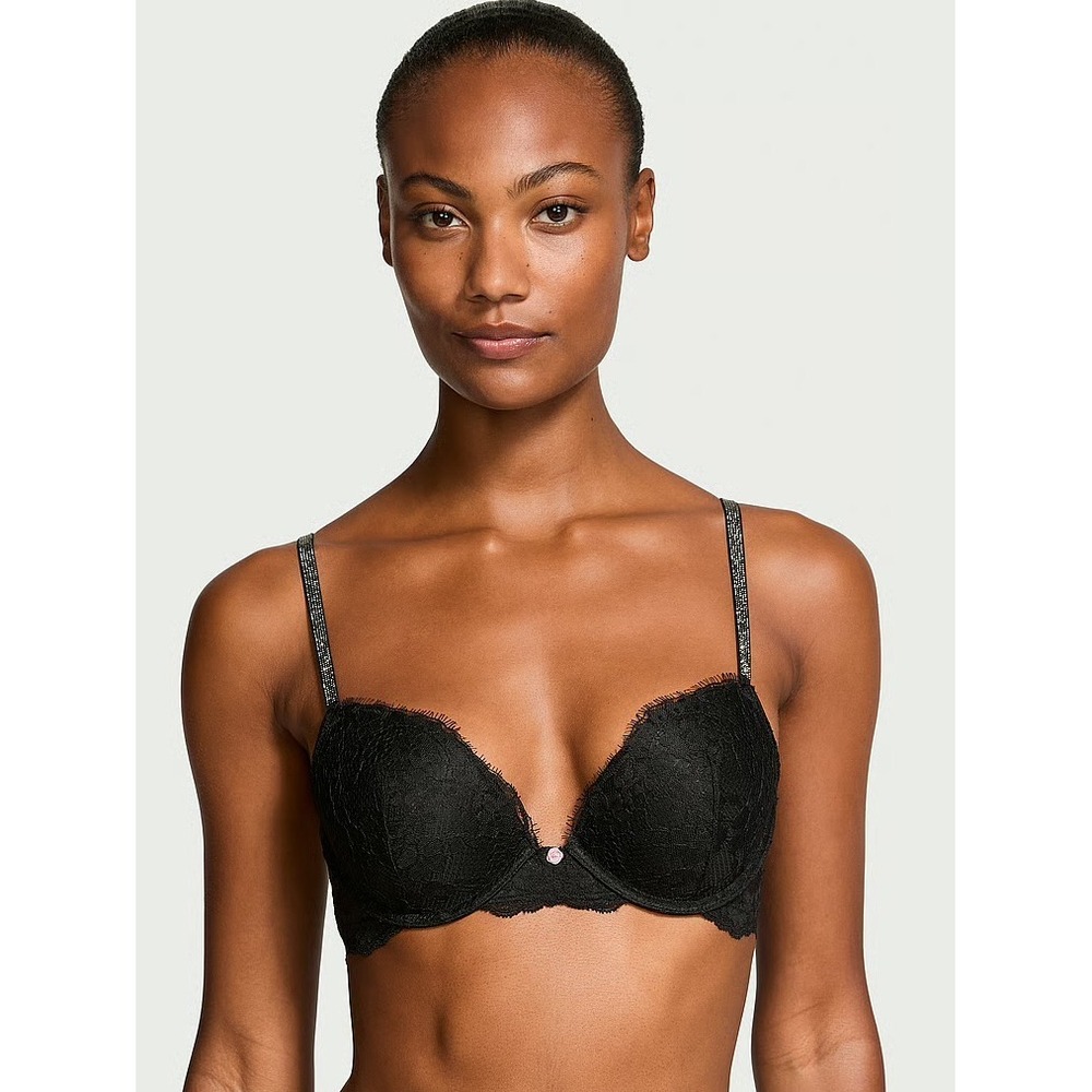 Victoria's Secret Twinkle Lace Push-Up Plunge Bra Black Rhinestone 32C QB432C